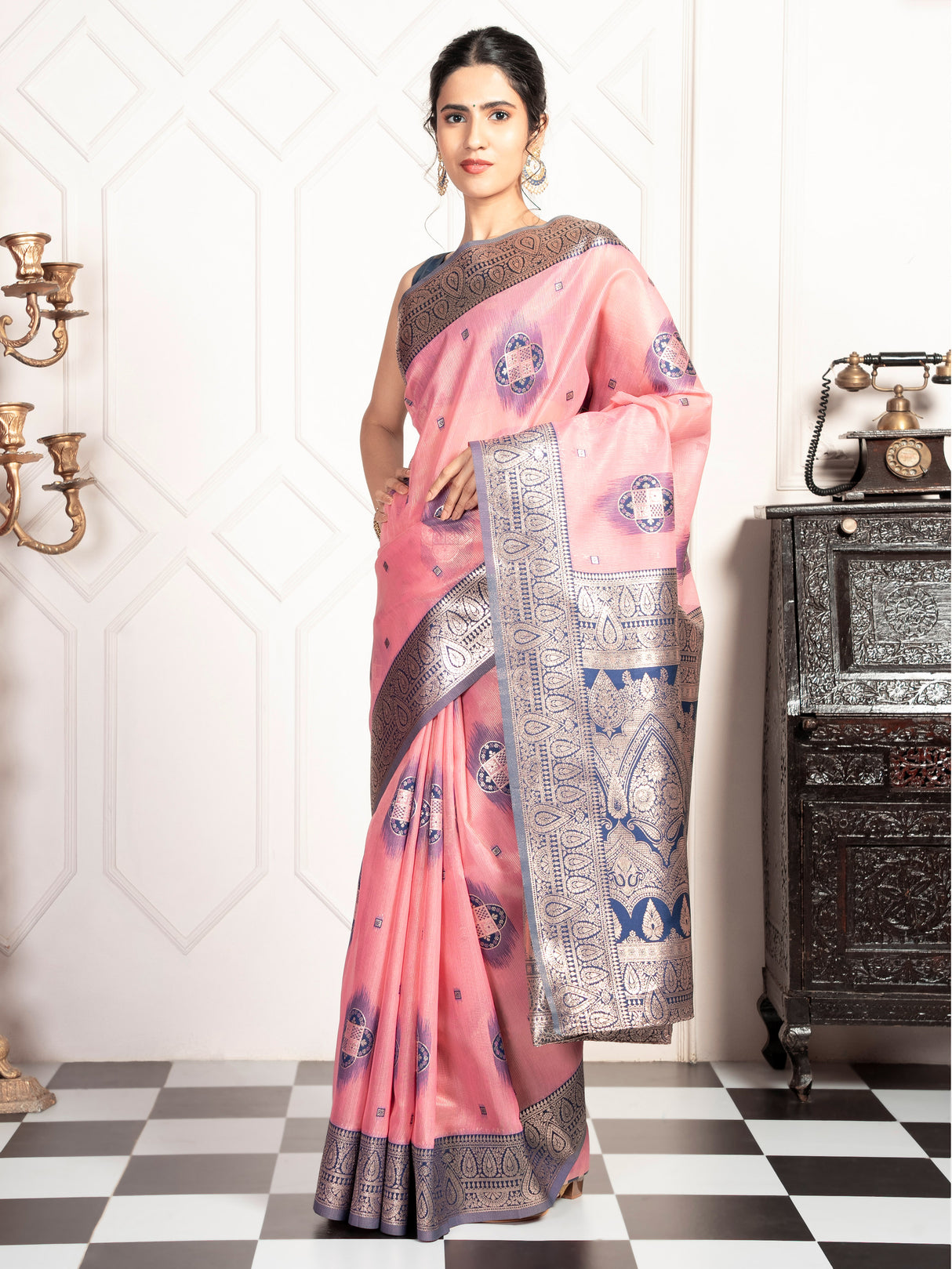 Mimosa Women's Woven Design Kanjivaram Style Art Silk Saree With Blouse Piece : SA00002066PNKFREE