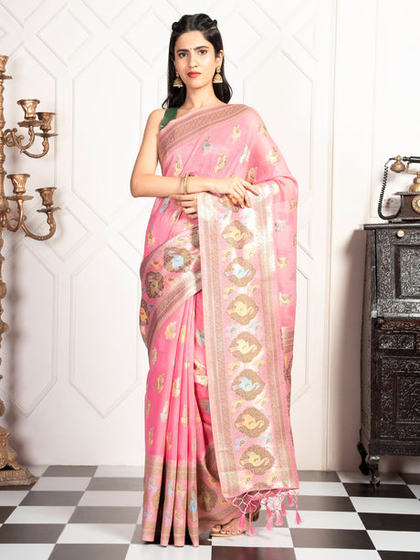 Mimosa Women's Woven Design Kanjivaram Style Art Silk Saree With Blouse Piece : SA00002067PNKFREE