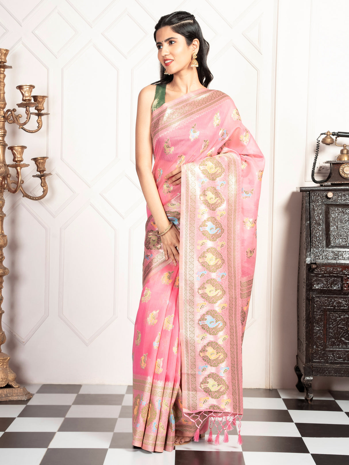 Mimosa Women's Woven Design Kanjivaram Style Art Silk Saree With Blouse Piece : SA00002067PNKFREE