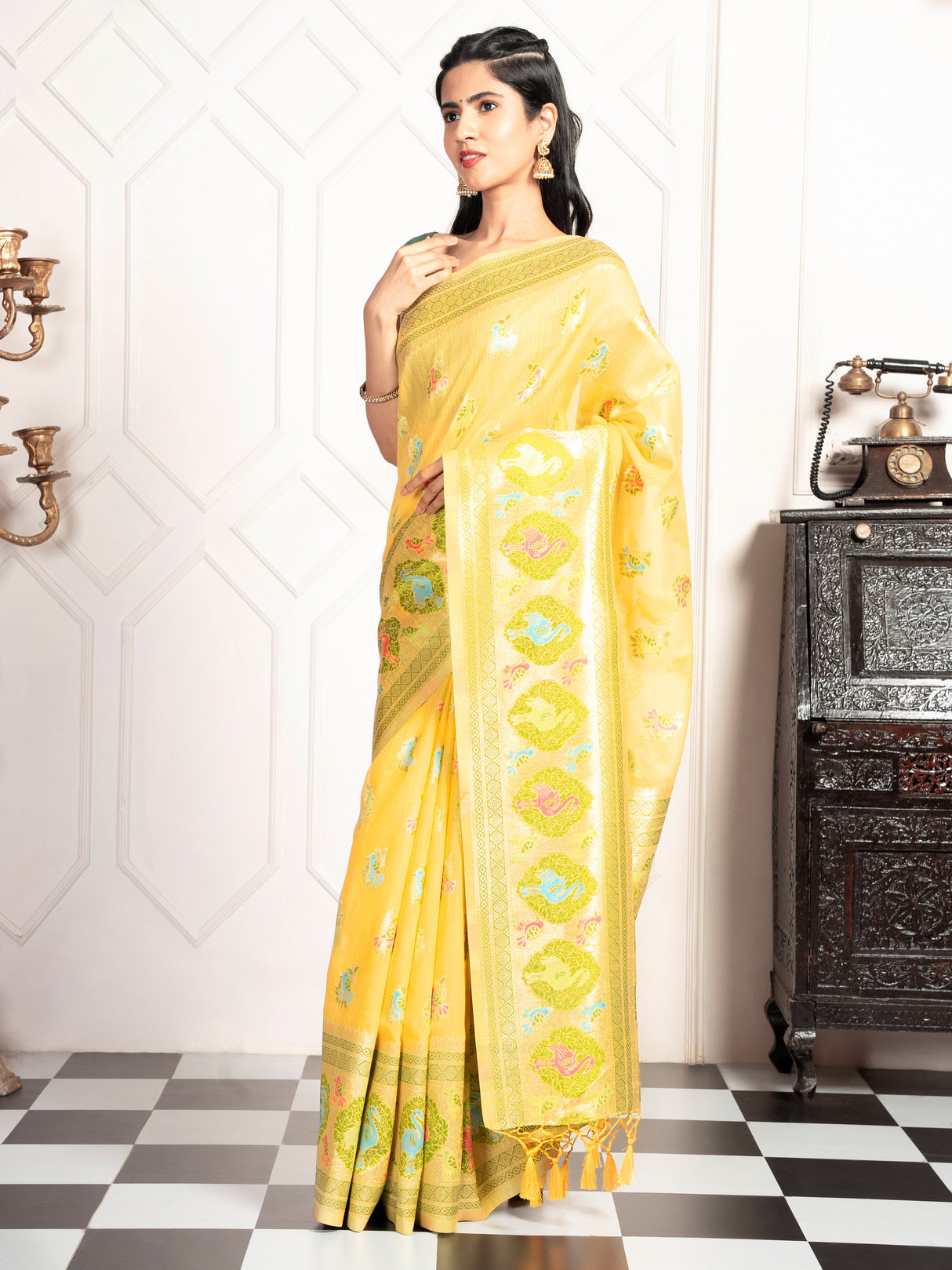 Mimosa Women's Woven Design Kanjivaram Style Art Silk Saree With Blouse Piece : SA00002067YLWFREE