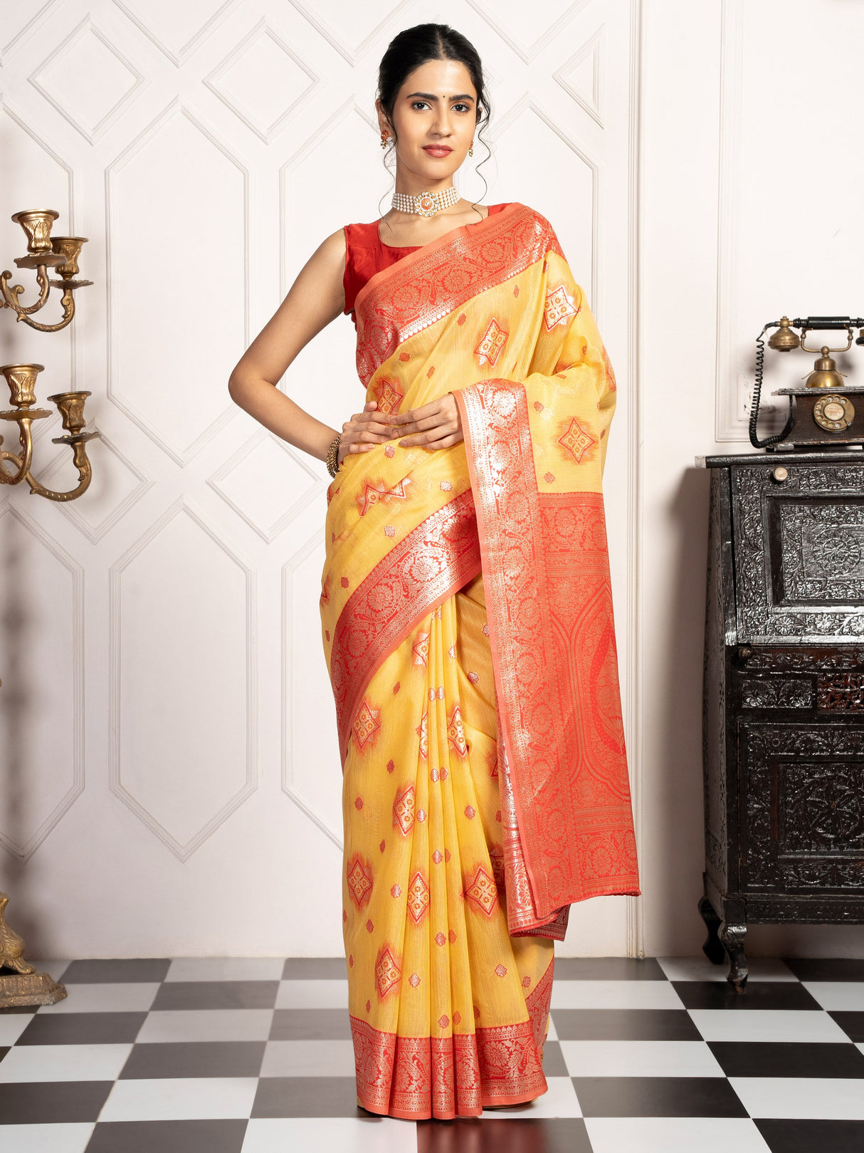 Mimosa Women's Woven Design Kanjivaram Style Art Silk Saree With Blouse Piece : SA00002068GDFREE