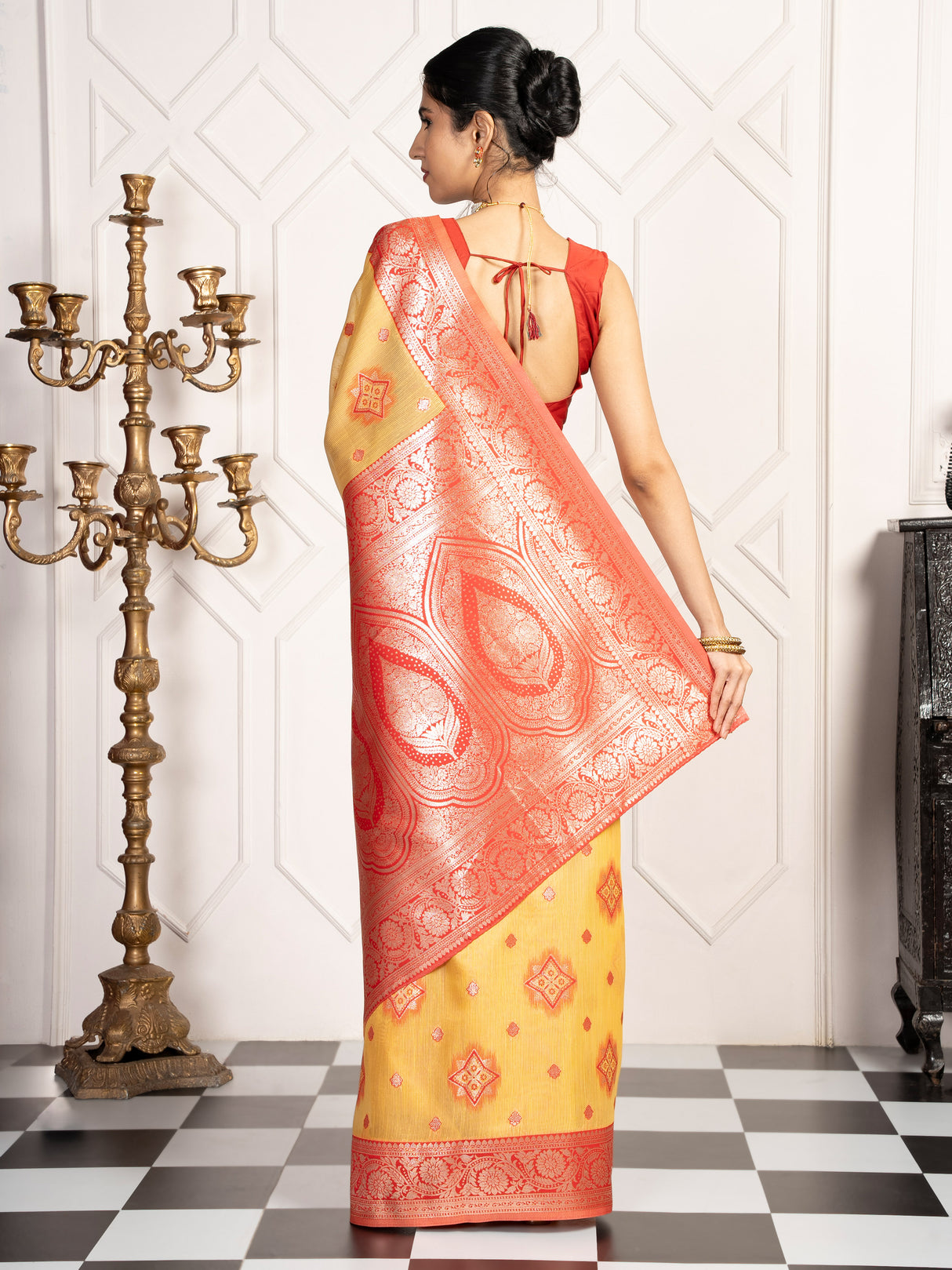 Mimosa Women's Woven Design Kanjivaram Style Art Silk Saree With Blouse Piece : SA00002068GDFREE