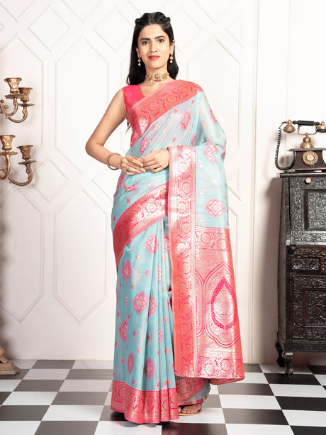 Mimosa Women's Woven Design Kanjivaram Style Art Silk Saree With Blouse Piece : SA00002068SFFREE