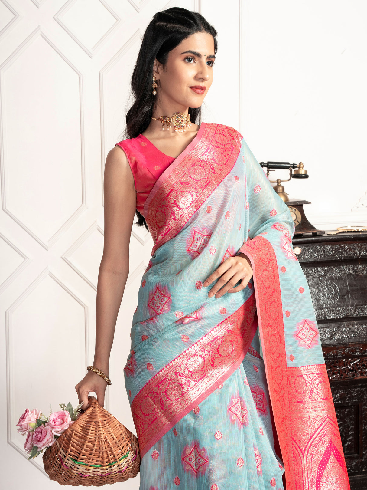 Mimosa Women's Woven Design Kanjivaram Style Art Silk Saree With Blouse Piece : SA00002068SFFREE