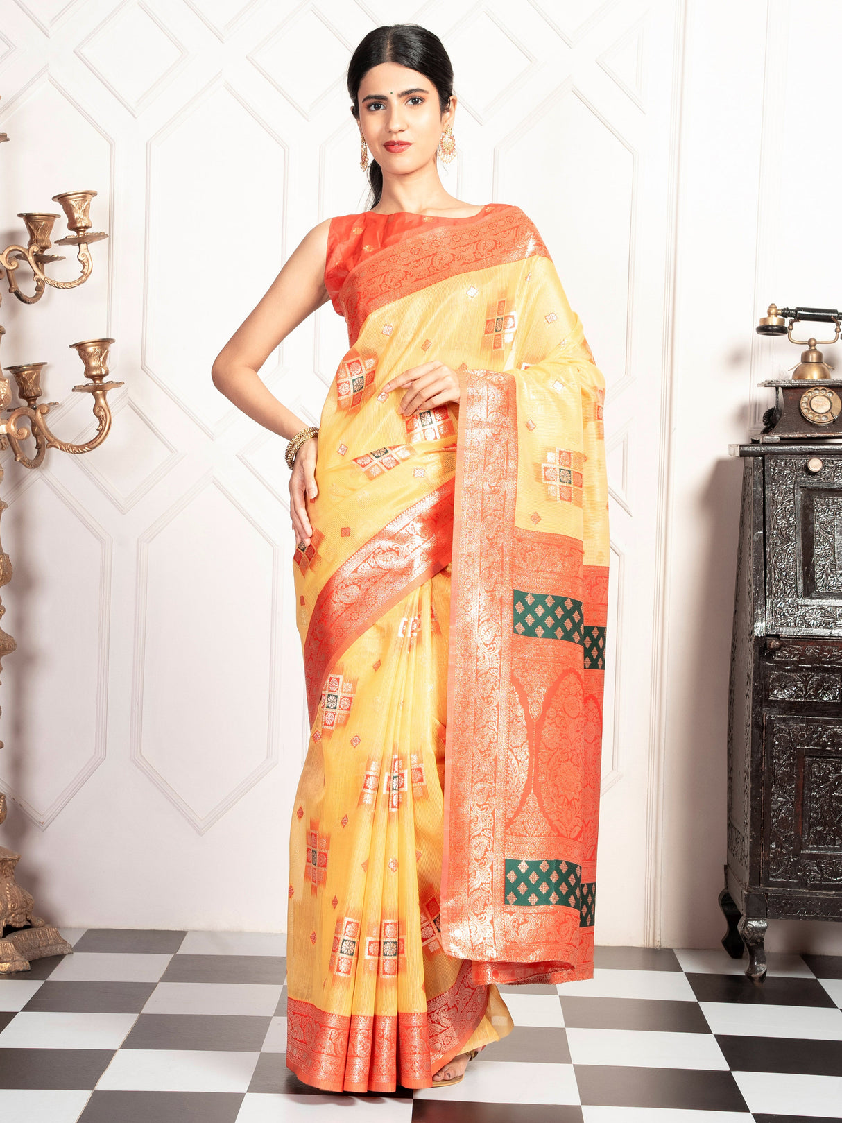 Mimosa Women's Woven Design Kanjivaram Style Art Silk Saree With Blouse Piece : SA00002072GDFREE