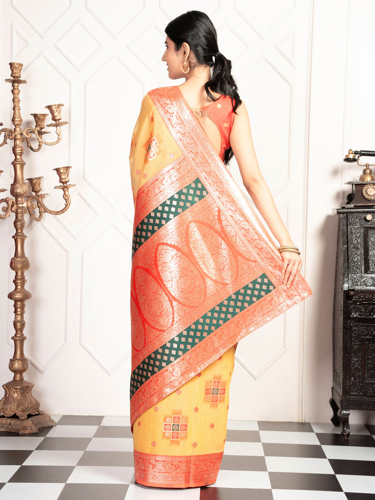 Mimosa Women's Woven Design Kanjivaram Style Art Silk Saree With Blouse Piece : SA00002072GDFREE