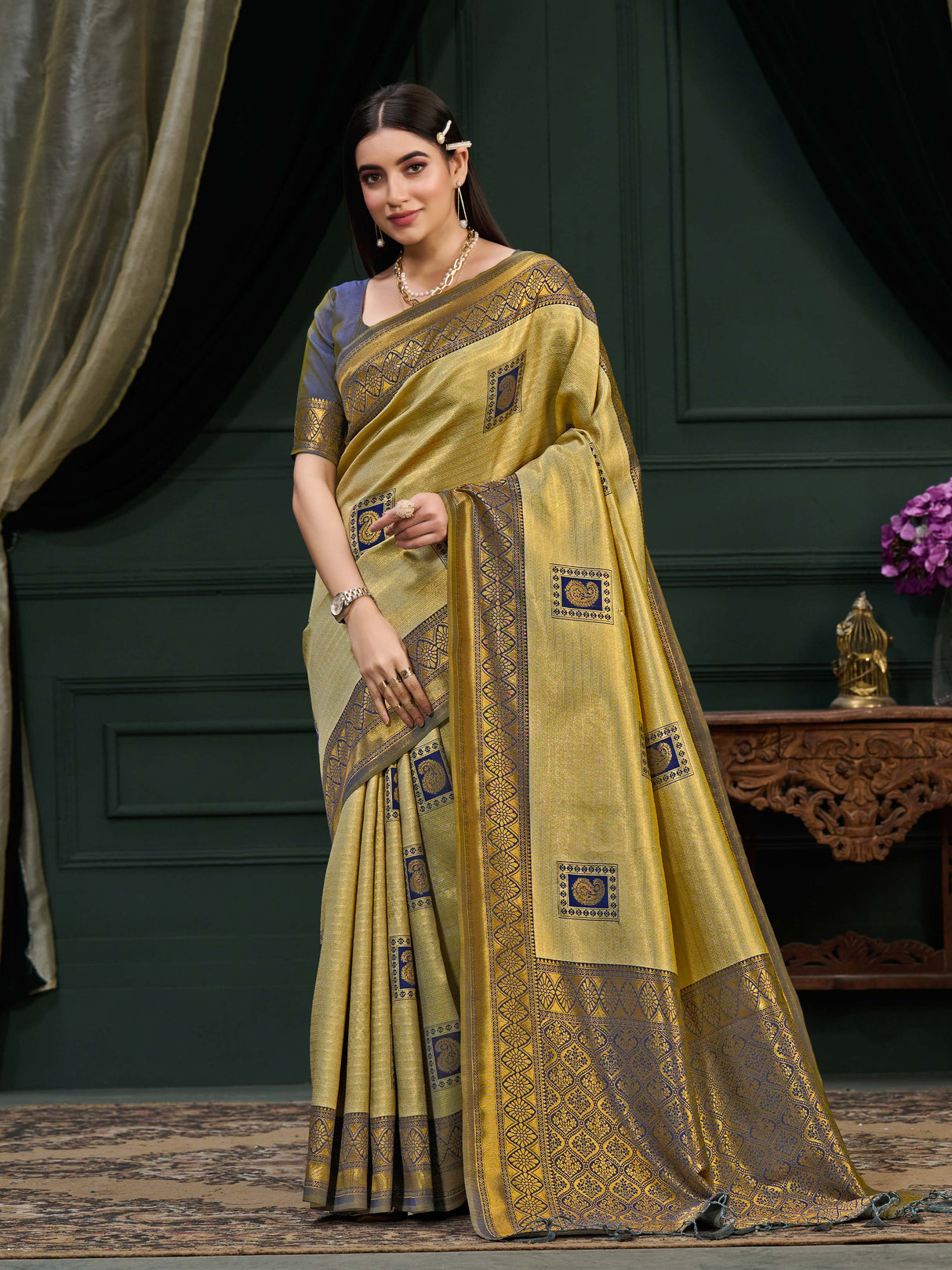 Mimosa Women's Woven Design Kanjivaram Art Silk Saree With Blouse Piece : SA0000898GY