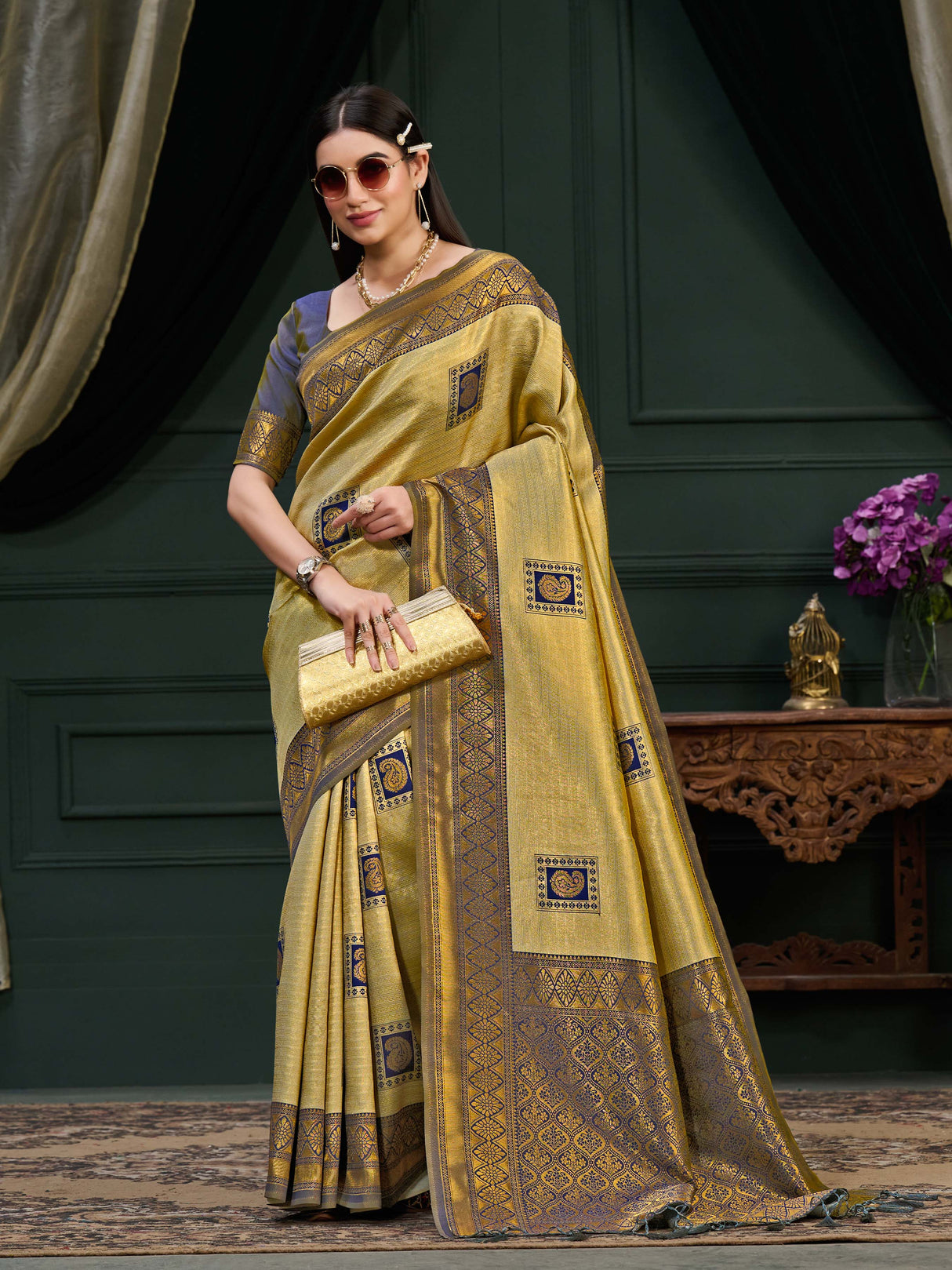 Mimosa Women's Woven Design Kanjivaram Art Silk Saree With Blouse Piece : SA0000898GY