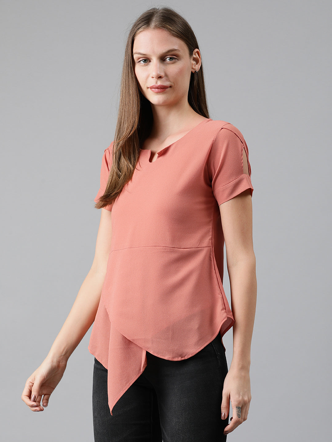 Mimosa Women Pink Solid A-Line Layered Top