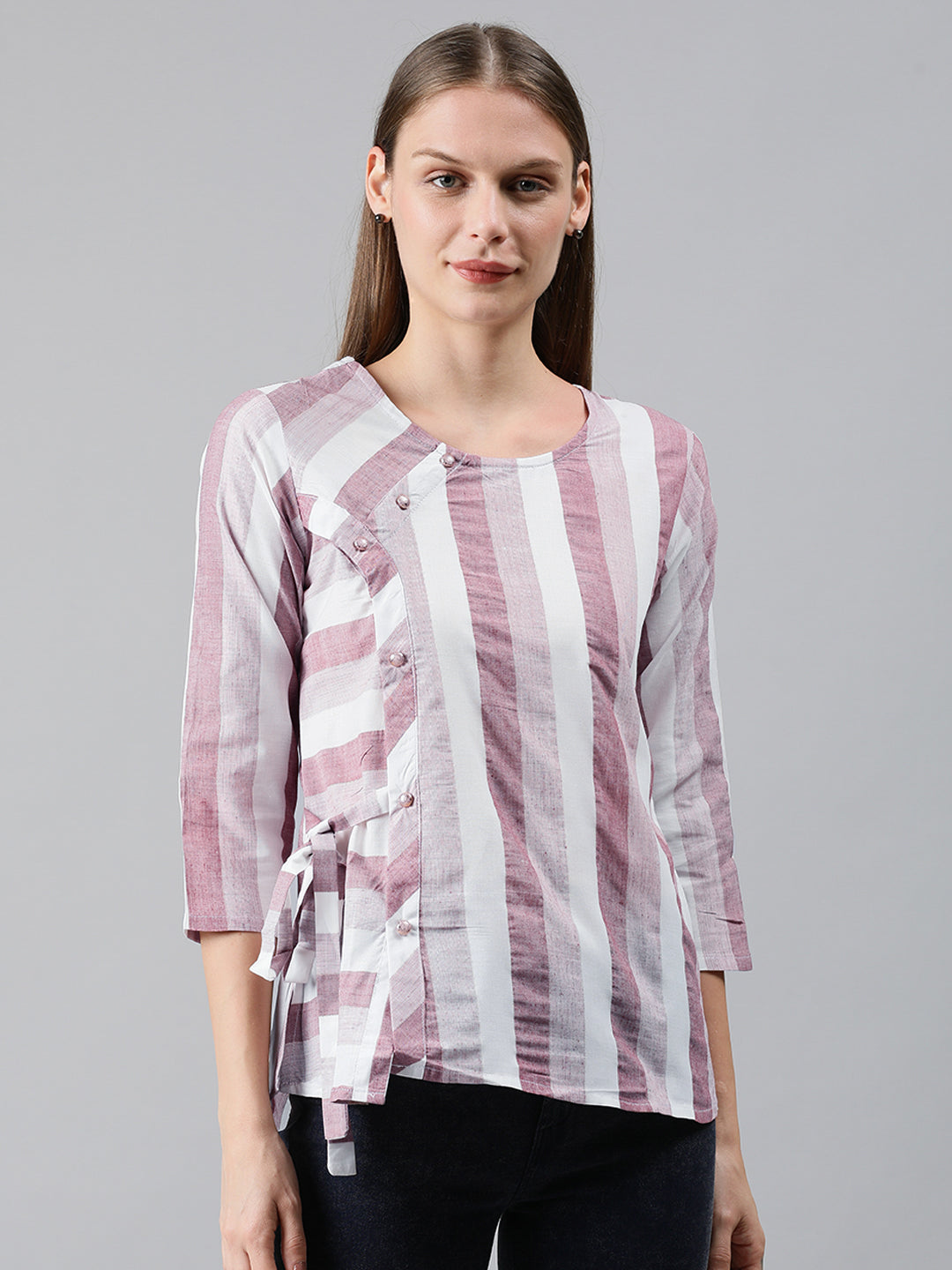 Mimosa Women Pink & White Striped Linen Top with Waist Tie-Ups