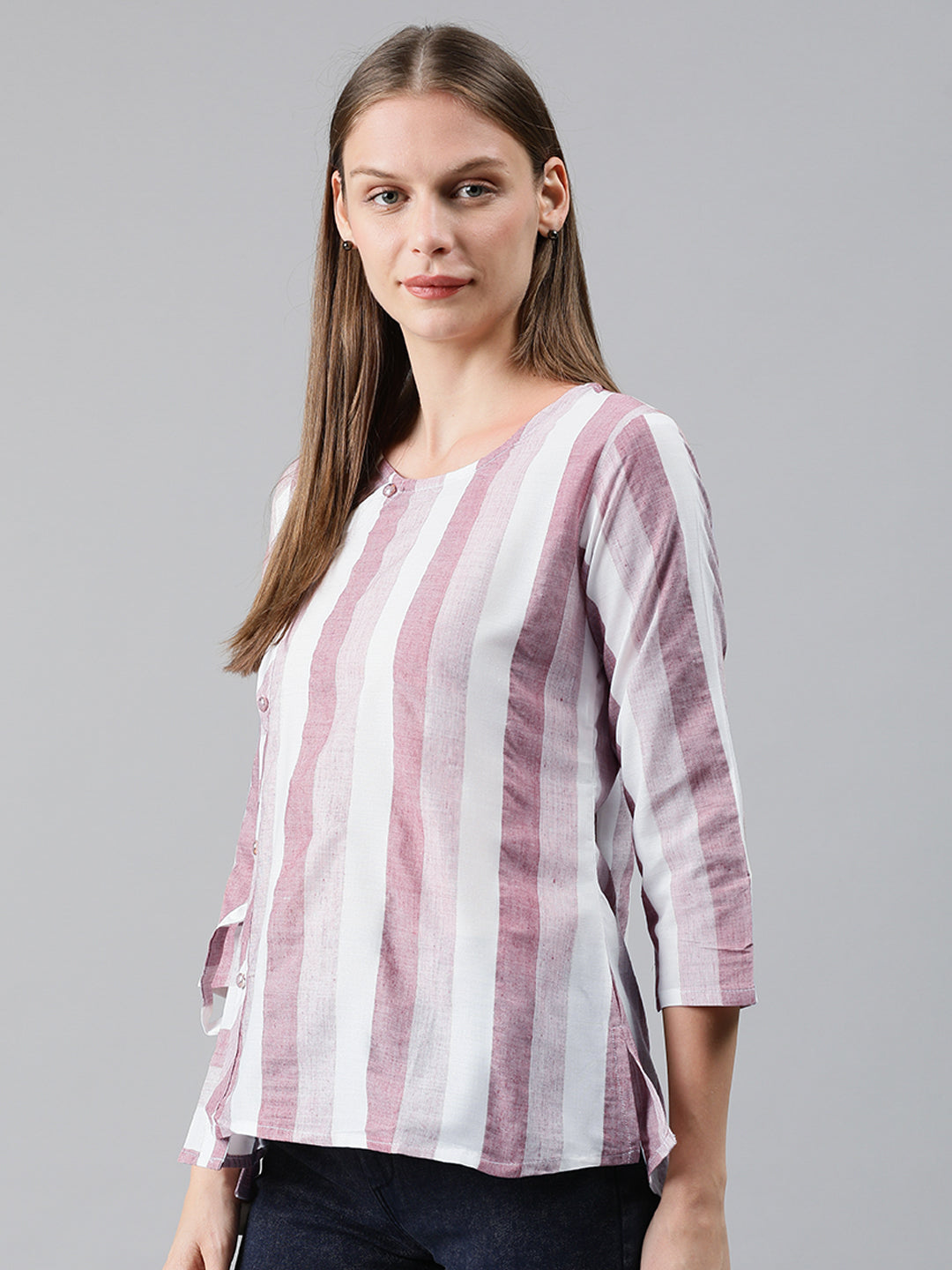 Mimosa Women Pink & White Striped Linen Top with Waist Tie-Ups