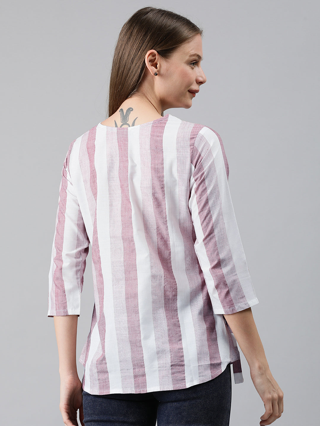 Mimosa Women Pink & White Striped Linen Top with Waist Tie-Ups