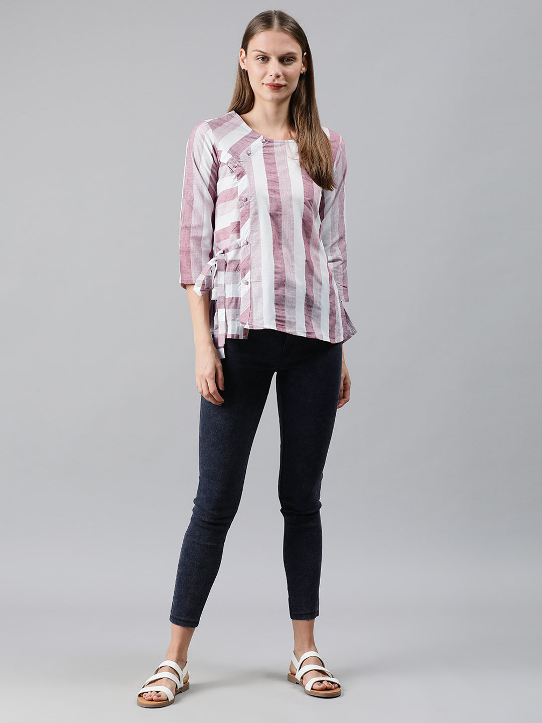 Mimosa Women Pink & White Striped Linen Top with Waist Tie-Ups