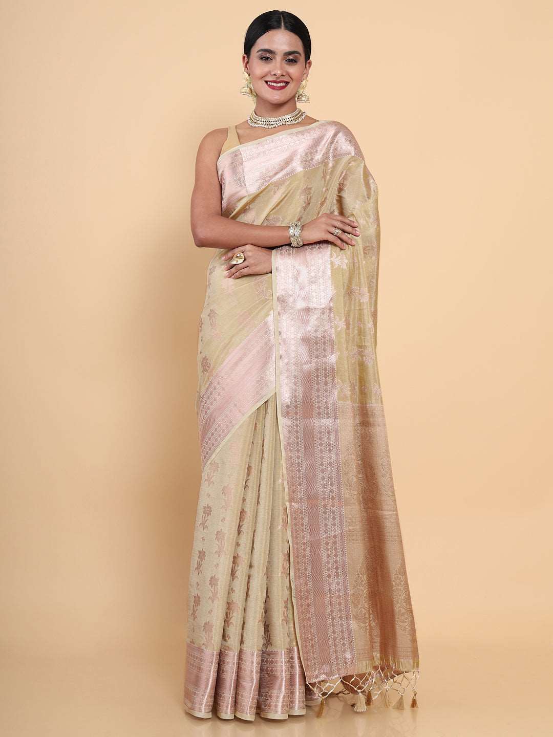 Mimosa Womens Art Silk Saree Kasavu Cream Color