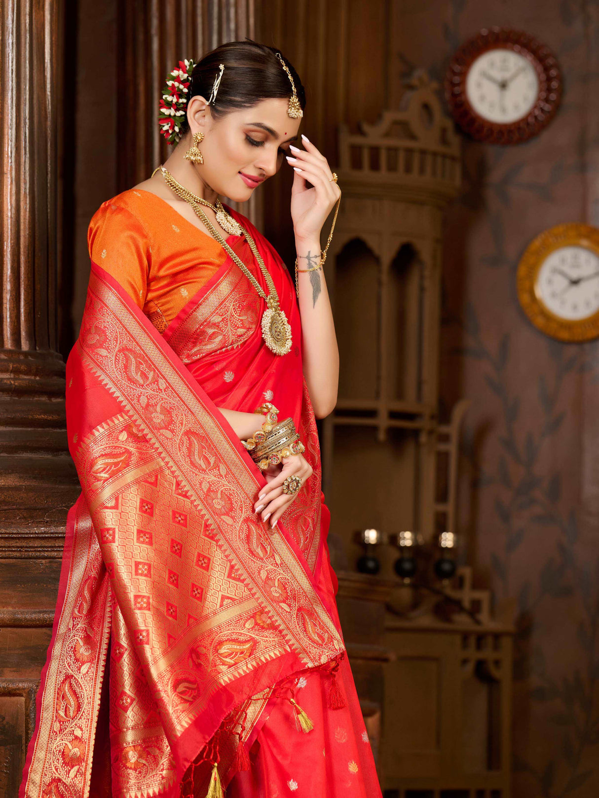 Mimosa Women's Woven Design Kanjivaram Art Silk Saree With Blouse Piece : SA0000868RED