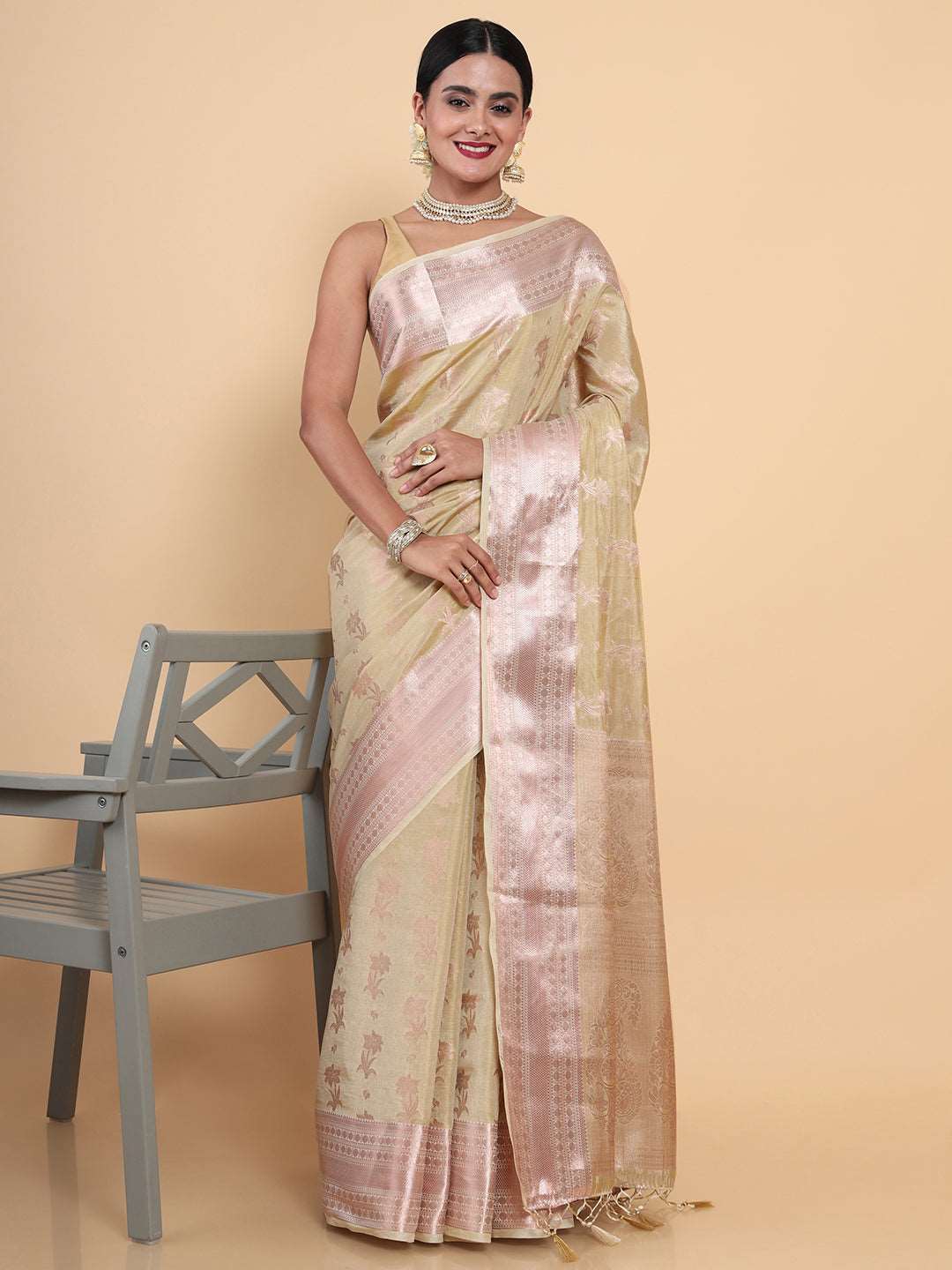 Mimosa Womens Art Silk Saree Kasavu Cream Color