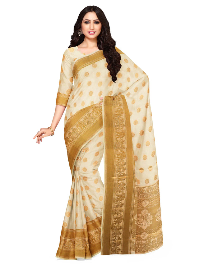 Mimosa Womens Art Silk Saree Kasavu Cream Color