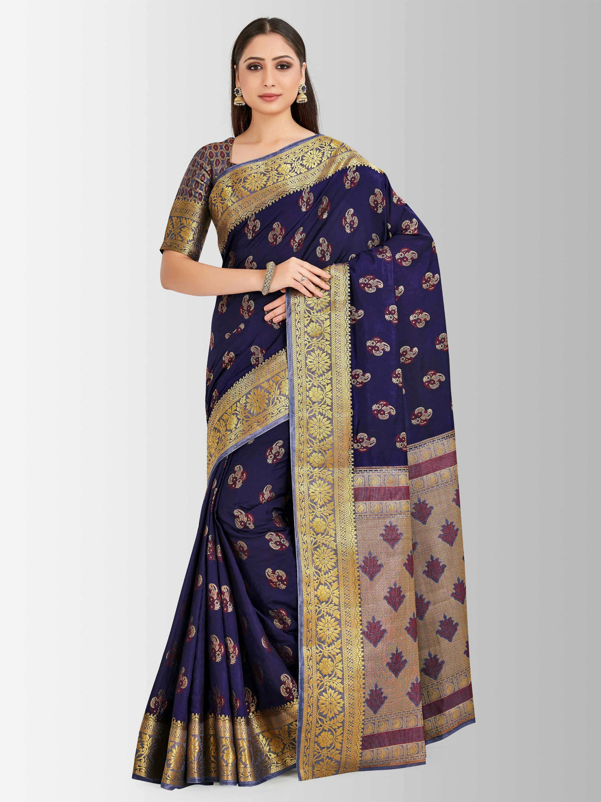 Mimosa Womens Art Silk Saree Paithani Navy Blue Color