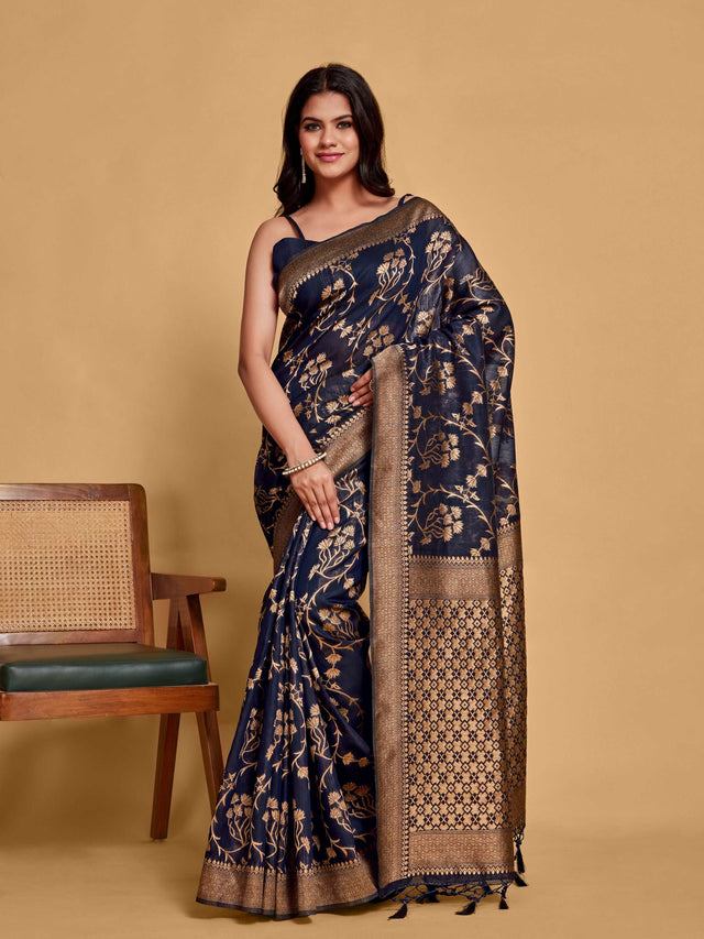 Mimosa Women's Woven Design Banarasi Art Silk Saree With Blouse Piece : SA00001216NVFREE