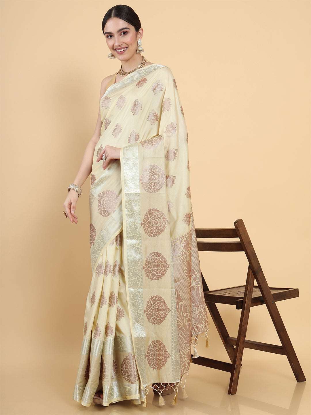 Mimosa Womens Art Silk Saree Kasavu Cream Color