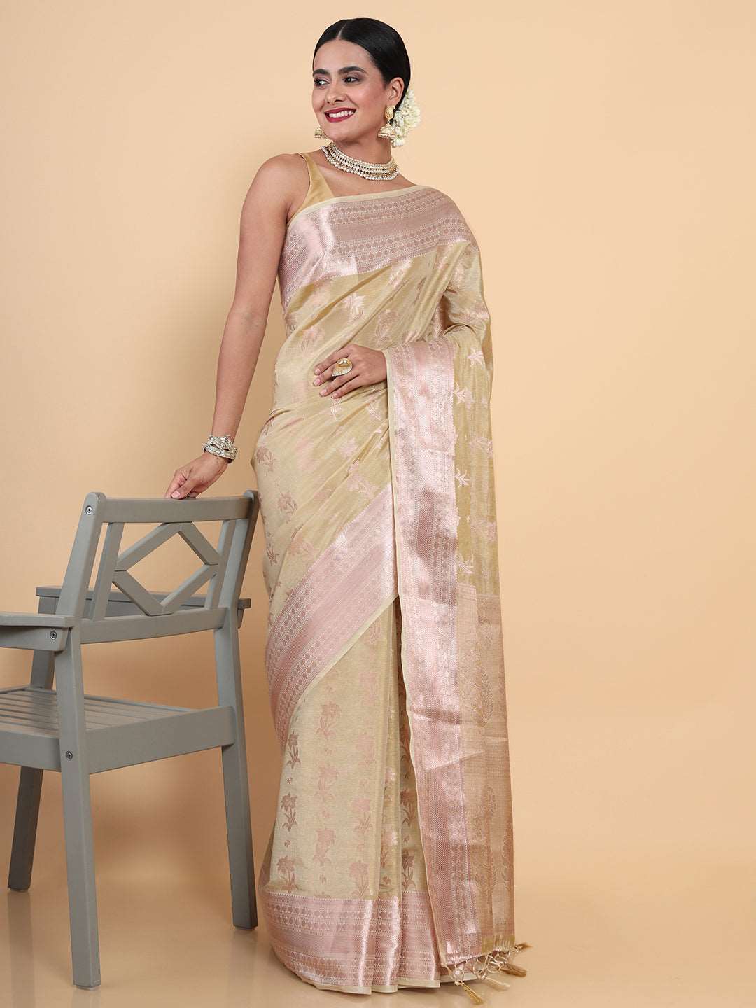 Mimosa Womens Art Silk Saree Kasavu Cream Color