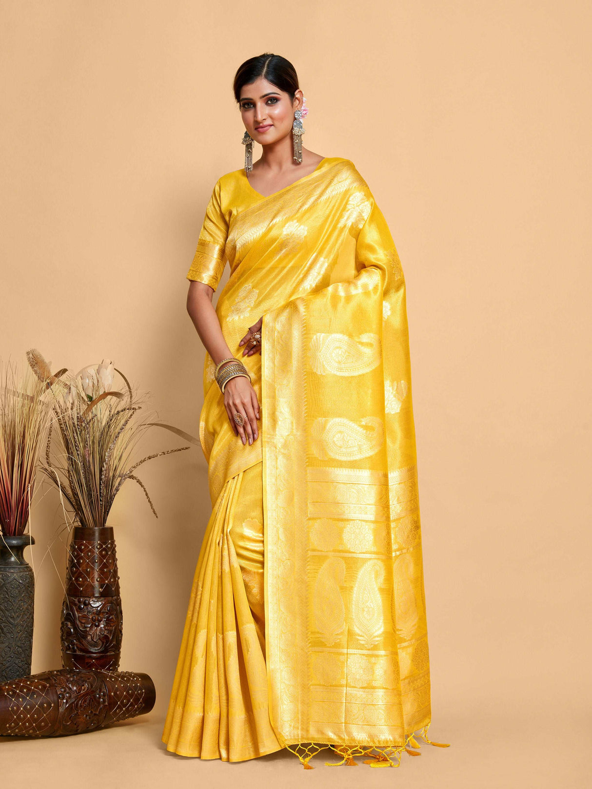 Mimosa Women's Woven Design Banarasi Art Silk Saree With Blouse Piece : SA00001217GDFREE