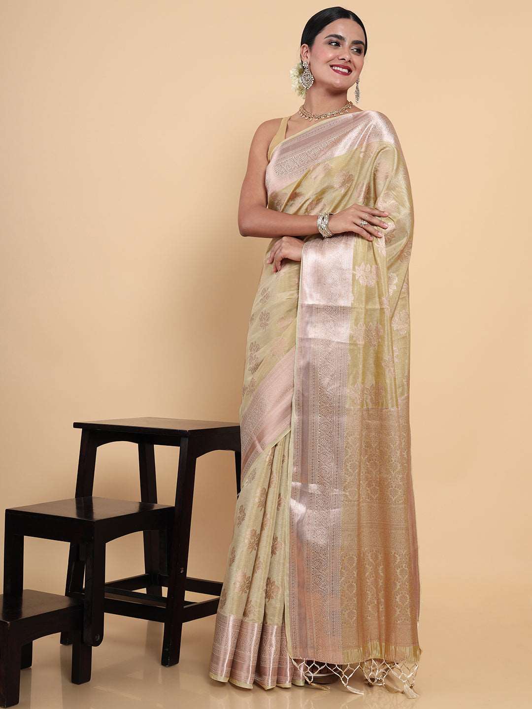 Mimosa Womens Art Silk Saree Kasavu Cream Color