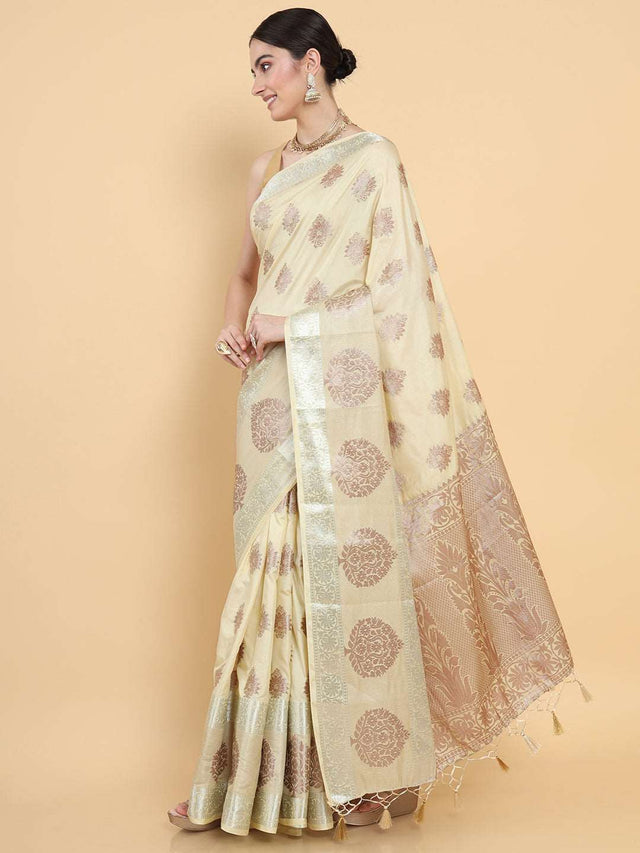 Mimosa Womens Art Silk Saree Kasavu Cream Color