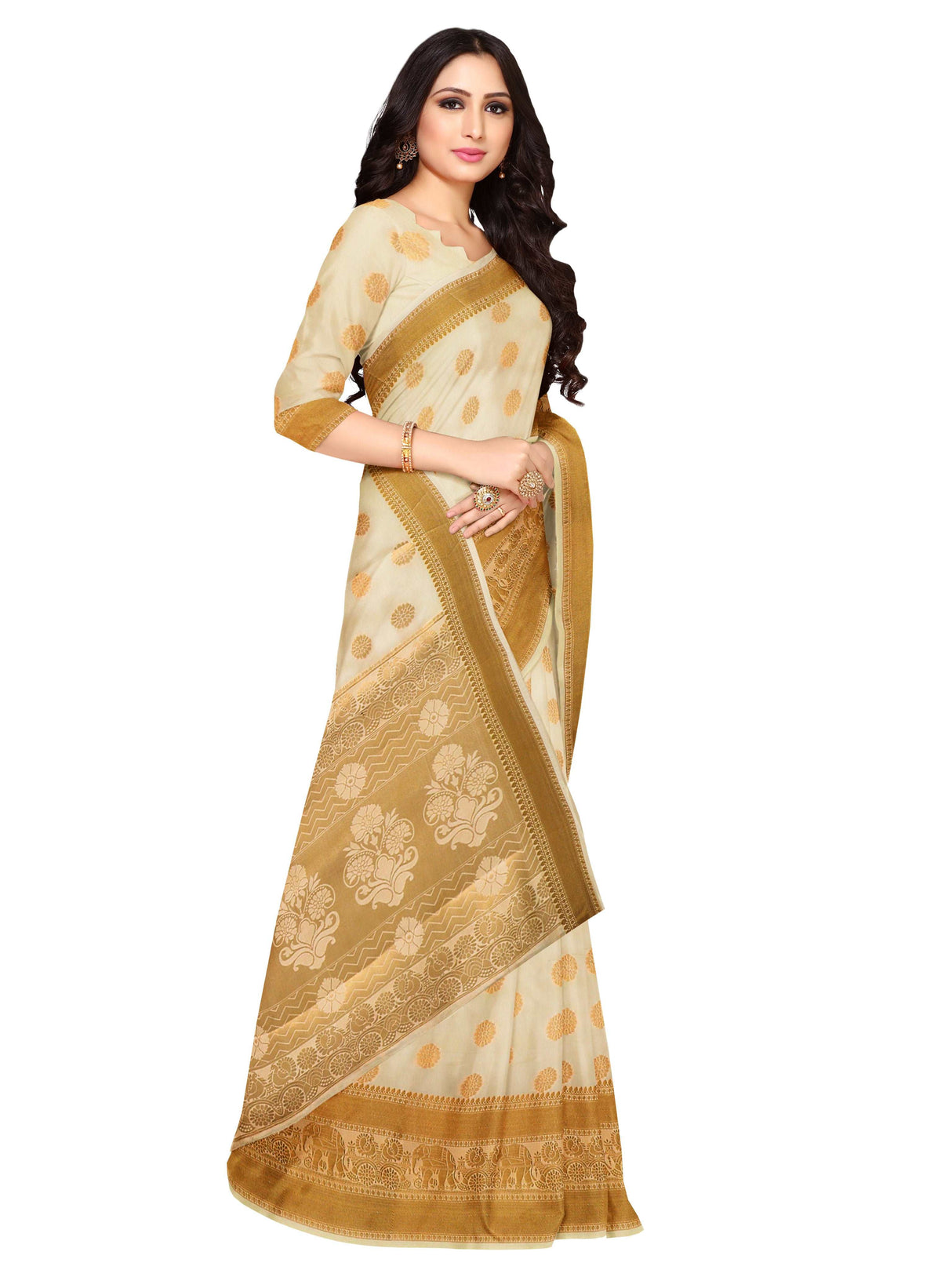 Mimosa Womens Art Silk Saree Kasavu Cream Color