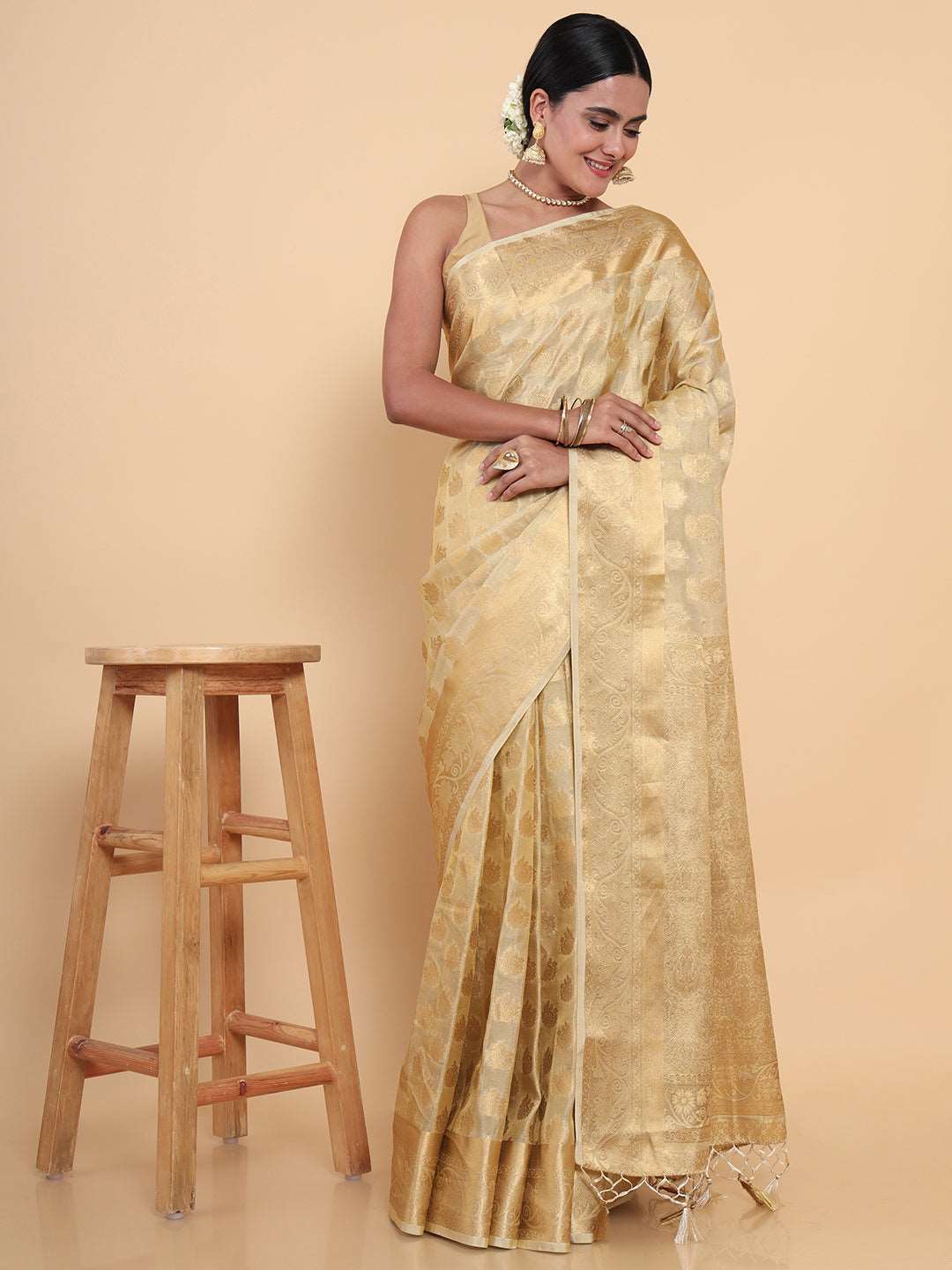 Mimosa Womens Art Silk Saree Kasavu Cream Color