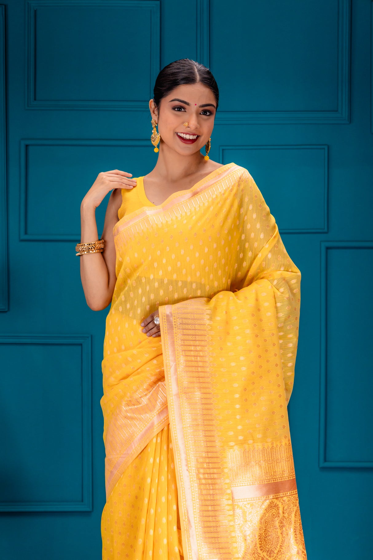 Mimosa Women's Woven Design Banarasi Style Art Silk Saree With Blouse Piece : SA00001755GDFREE