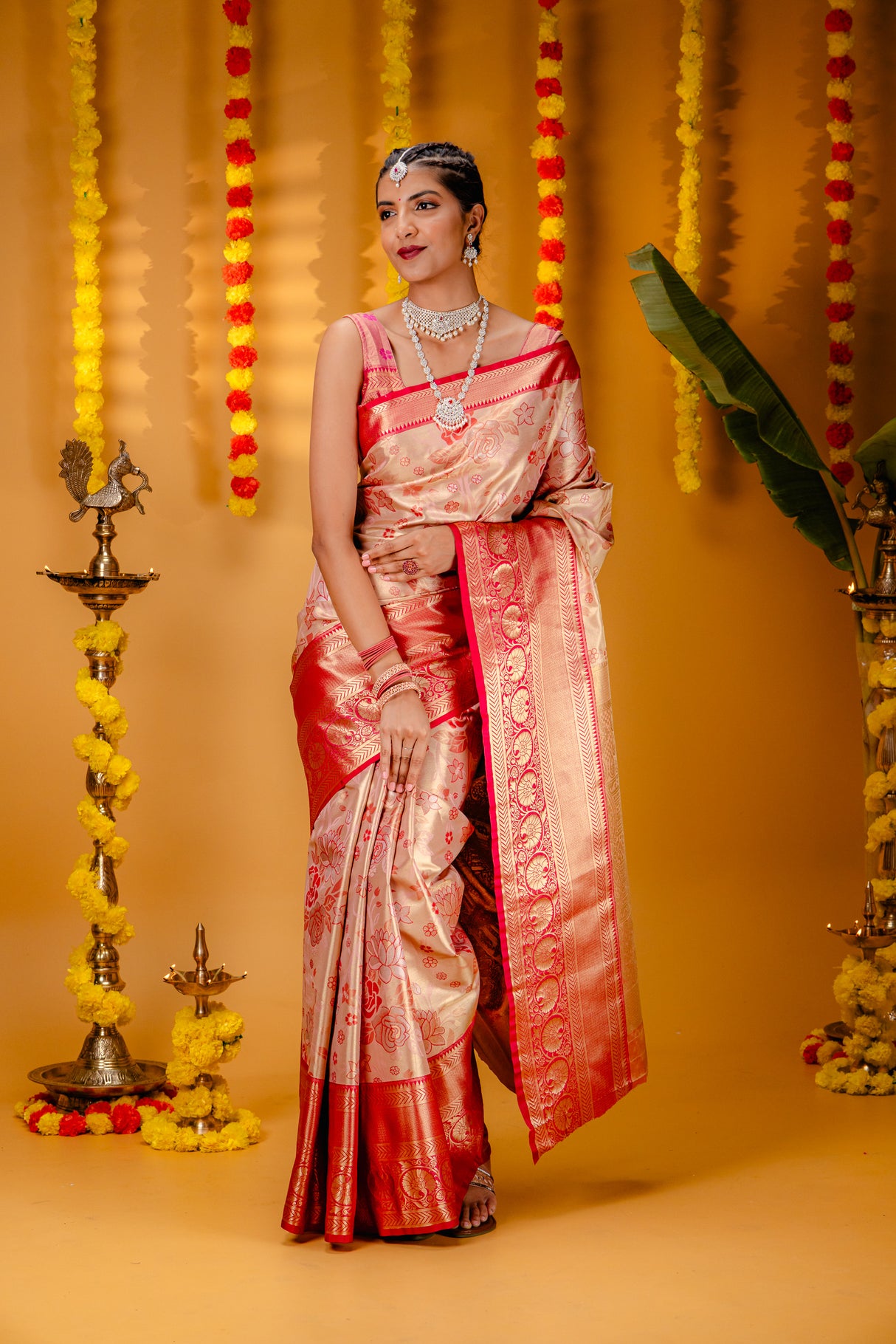 Mimosa Women's Woven Design Kanjivaram Style Art Silk Saree With Blouse Piece : SA00001820PNKFREE