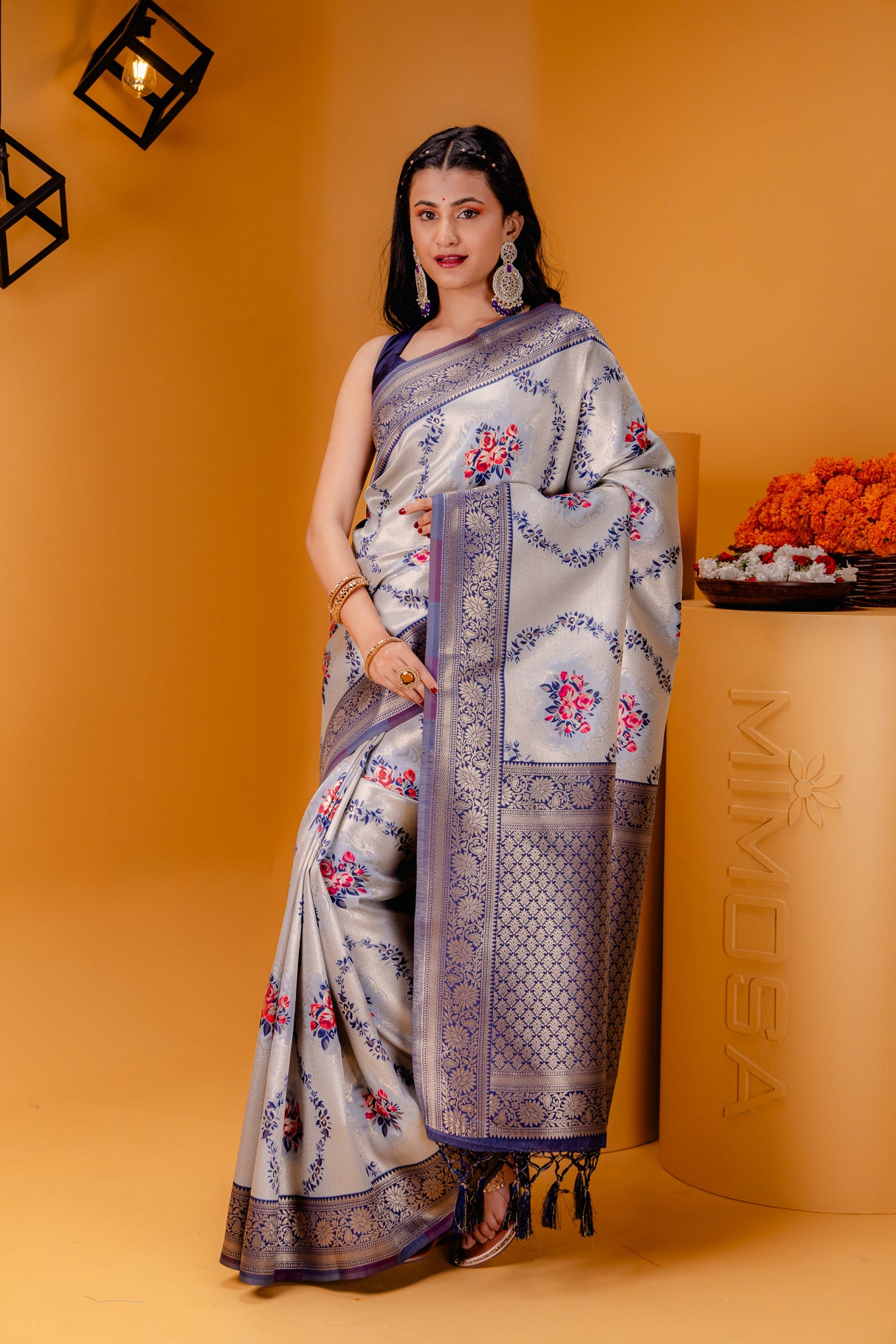 Mimosa Women's Woven Design Kanjivaram Style Art Silk Saree With Blouse Piece : SA00001626GYFREE