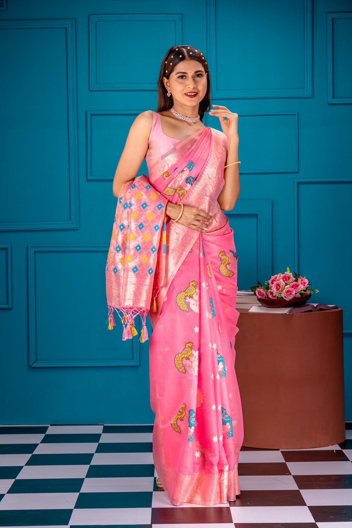 Mimosa Women's Woven Design Banarasi Style Art Silk Saree With Blouse Piece : SA00001743PNKFREE