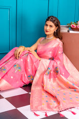 Mimosa Women's Woven Design Banarasi Style Art Silk Saree With Blouse Piece : SA00001740PNKFREE