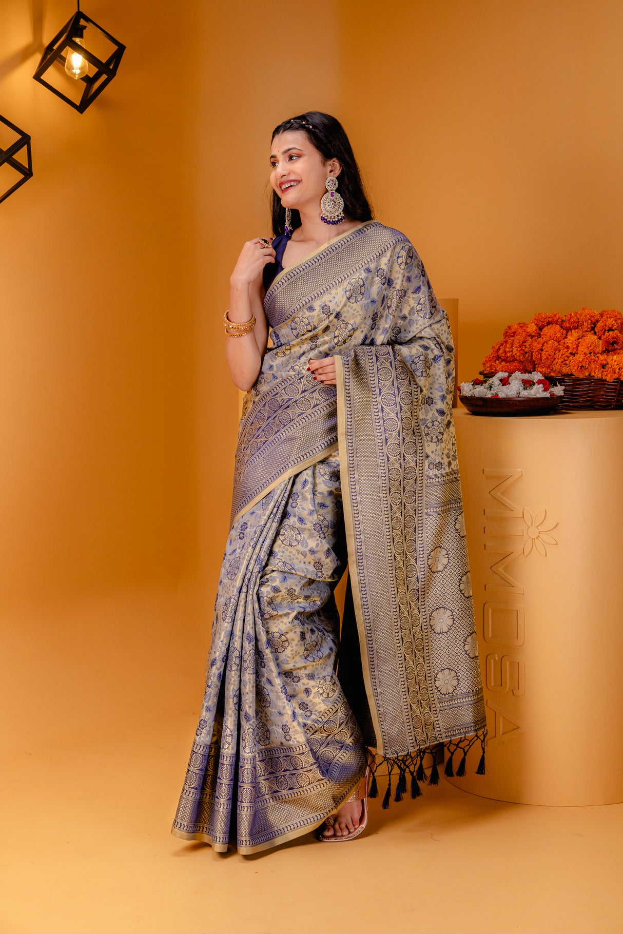 Mimosa Women's Woven Design Kanjivaram Style Art Silk Saree With Blouse Piece : SA00001621GYFREE