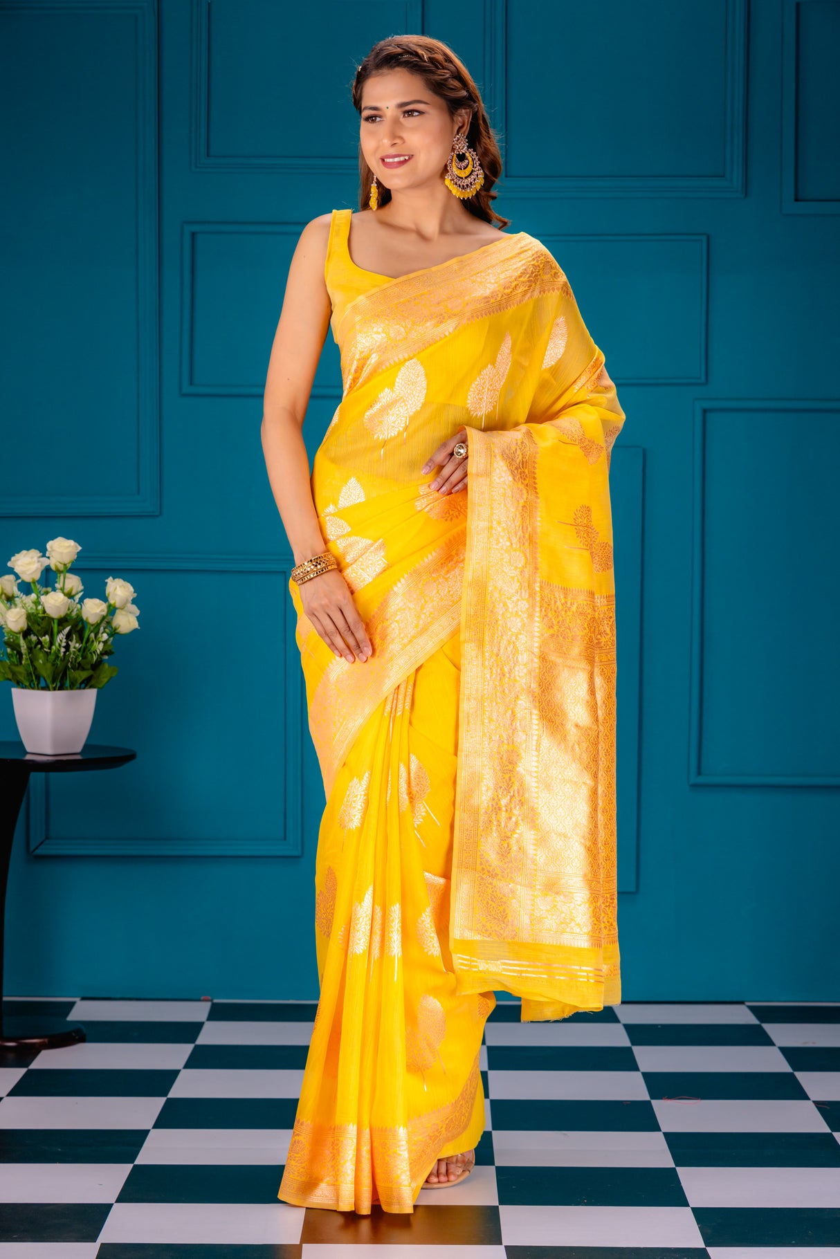 Mimosa Women's Woven Design Banarasi Style Art Silk Saree With Blouse Piece : SA00001756GDFREE