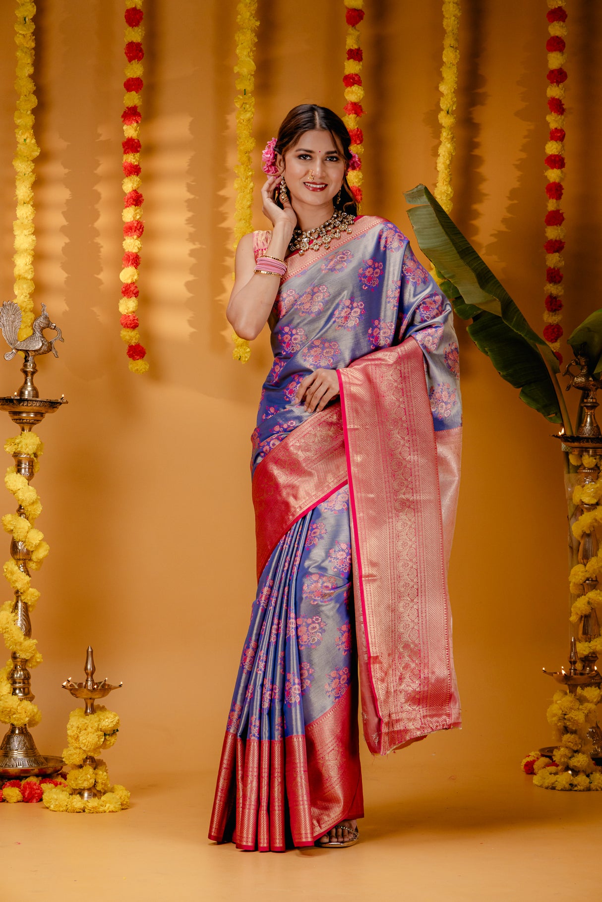 Mimosa Women's Woven Design Kanjivaram Style Art Silk Saree With Blouse Piece : SA00001818RBFREE