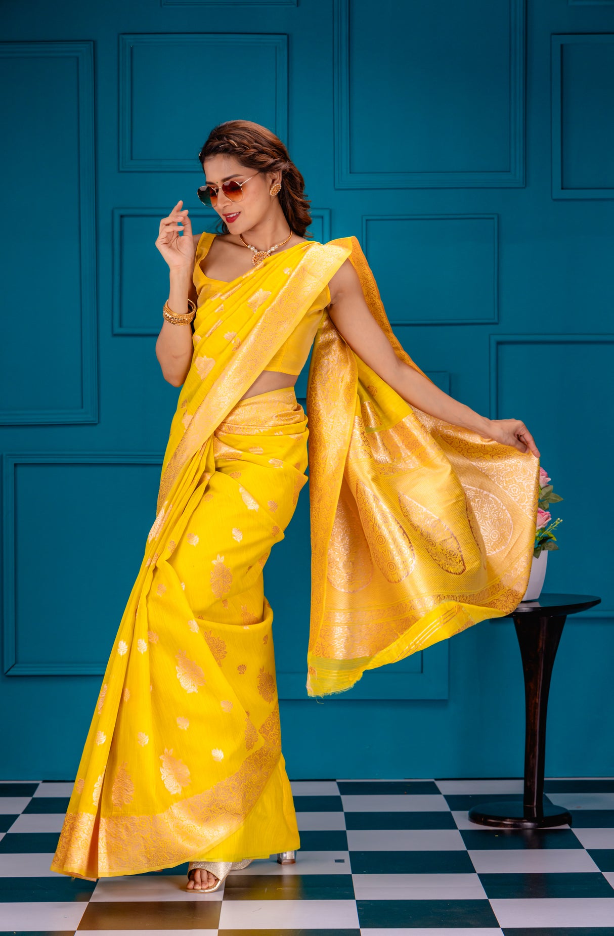 Mimosa Women's Woven Design Banarasi Style Art Silk Saree With Blouse Piece : SA00001753GDFREE