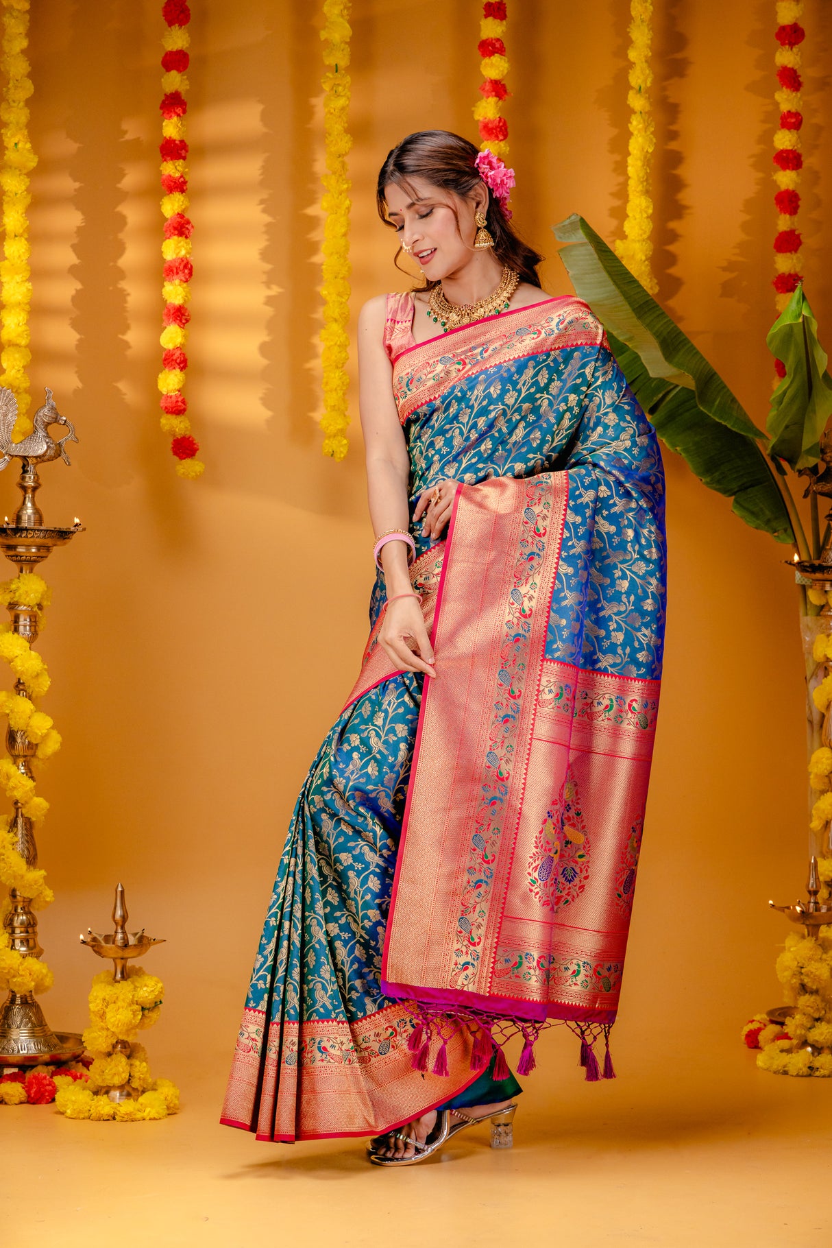 Mimosa Women's Woven Design Paithani Style Art Silk Saree With Blouse Piece : SA00001654IBFREE