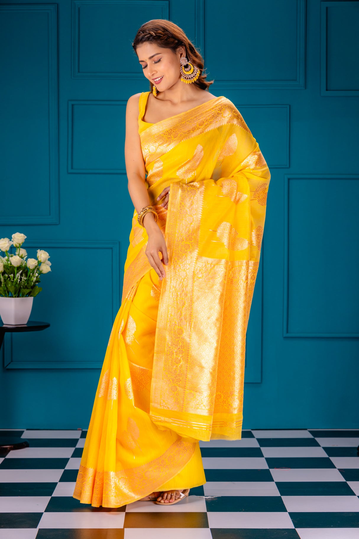 Mimosa Women's Woven Design Banarasi Style Art Silk Saree With Blouse Piece : SA00001756GDFREE