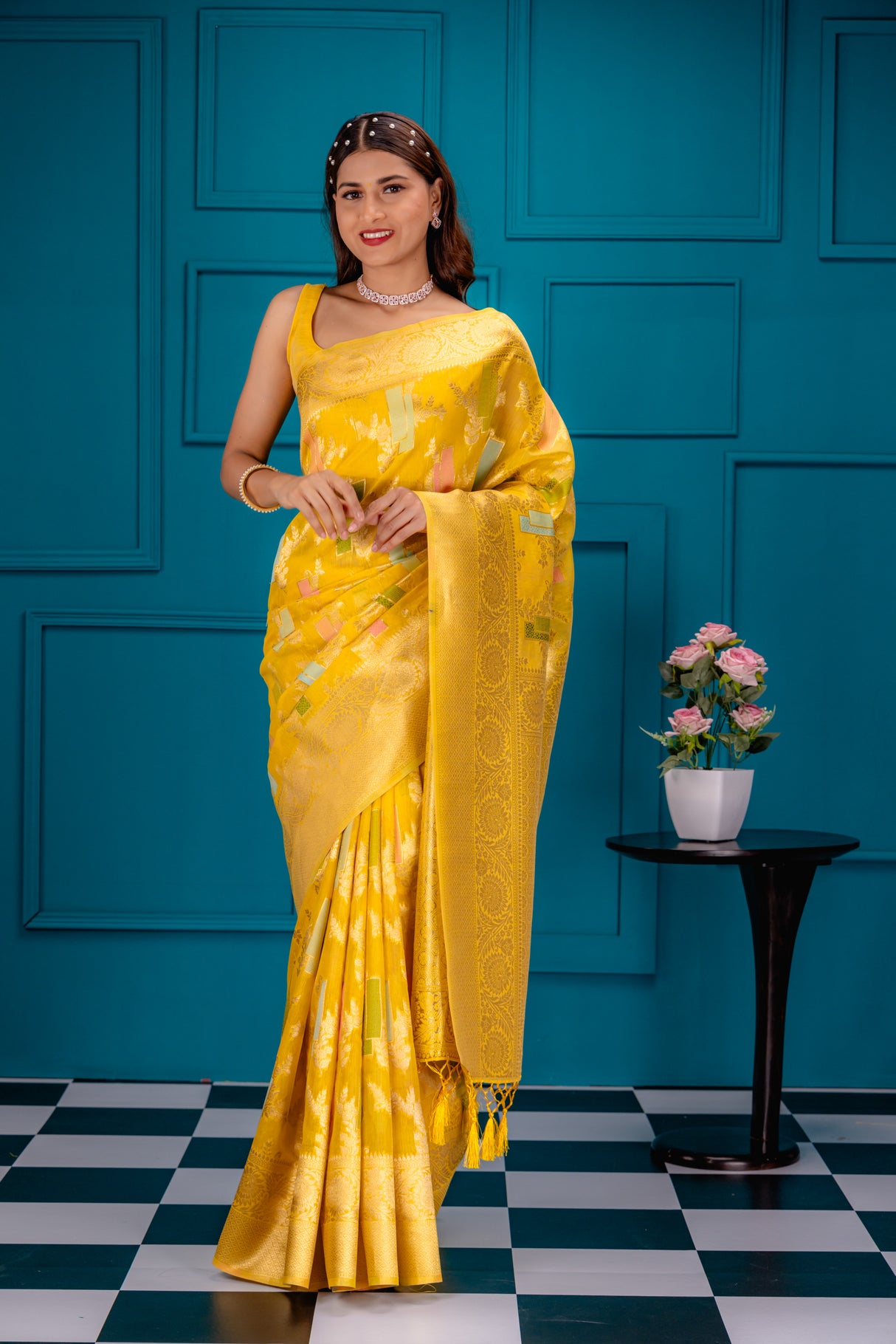 Mimosa Women's Woven Design Banarasi Style Art Silk Saree With Blouse Piece : SA00001768GDFREE