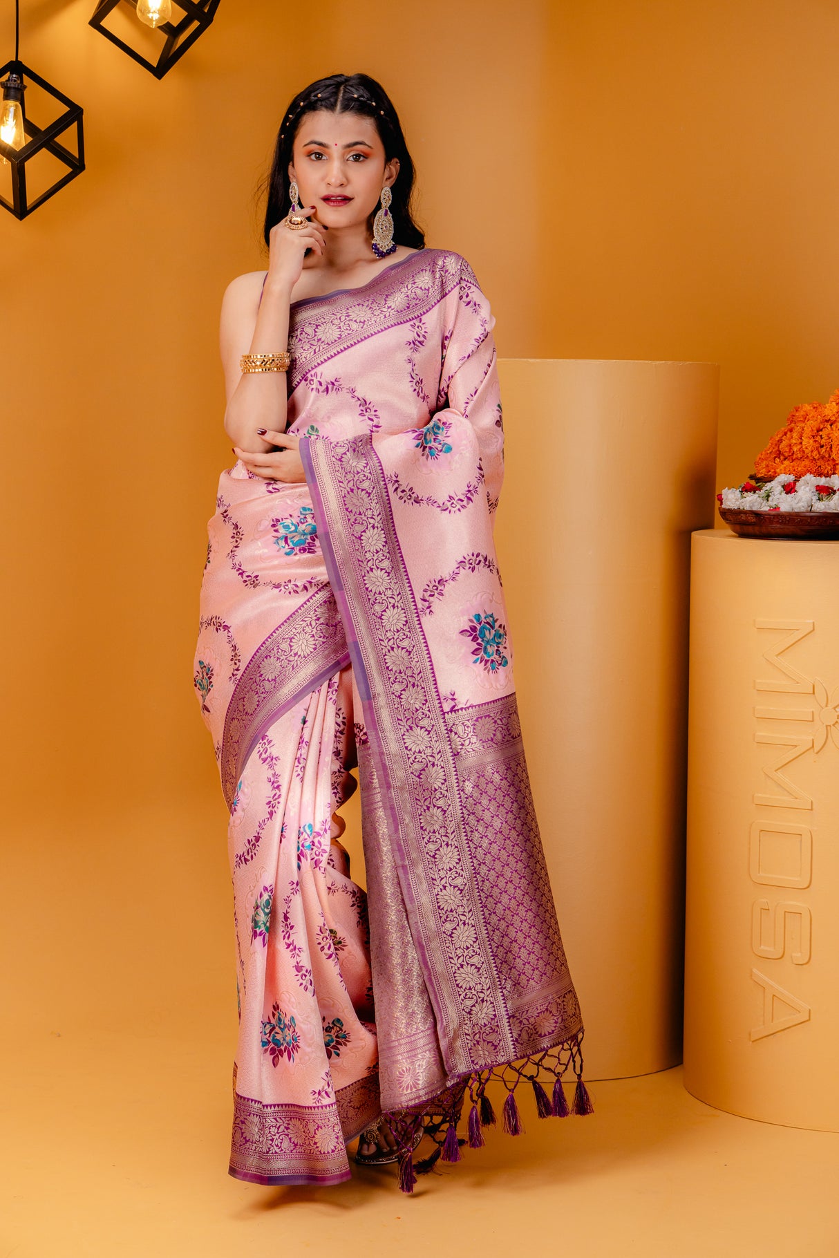 Mimosa Women's Woven Design Kanjivaram Style Art Silk Saree With Blouse Piece : SA00001626PNKFREE