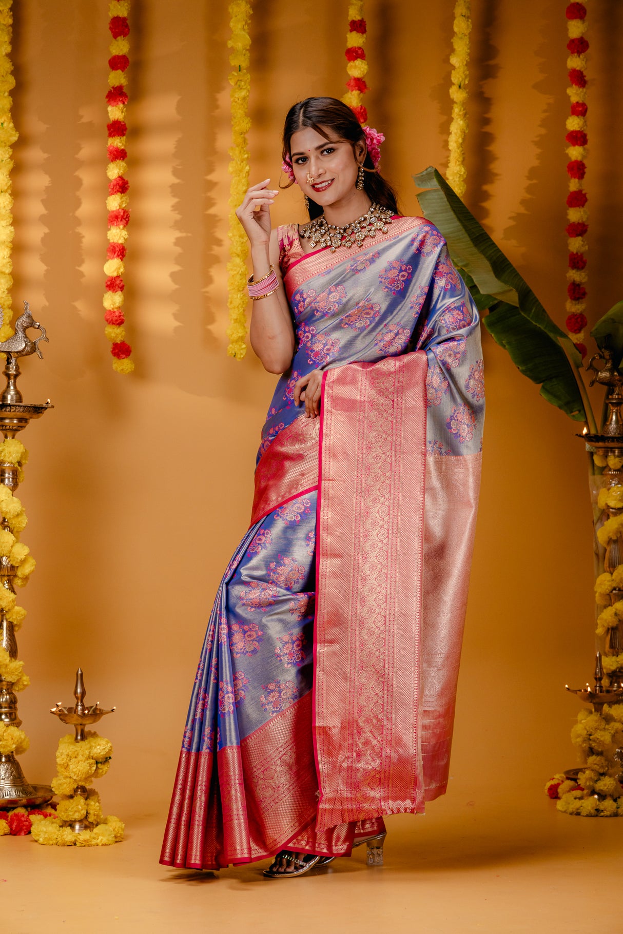 Mimosa Women's Woven Design Kanjivaram Style Art Silk Saree With Blouse Piece : SA00001818RBFREE