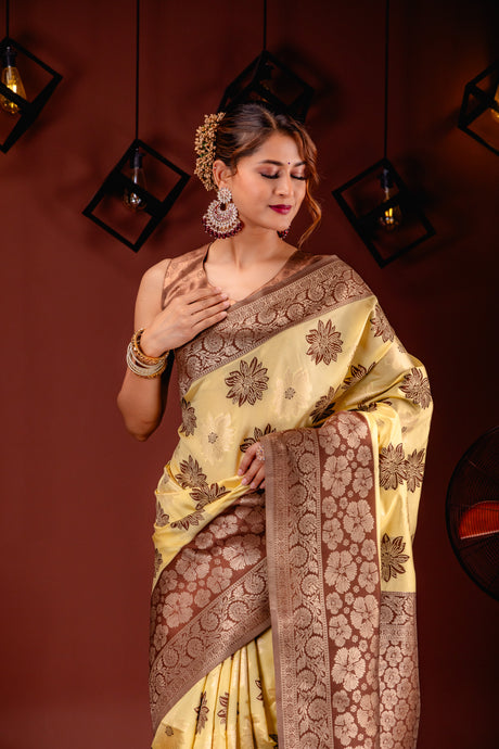 Mimosa Women's Woven Design Banarasi Style Art Silk Saree With Blouse Piece : SA00001590YLWFREE