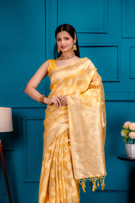 Mimosa Women's Woven Design Kanjivaram Style Art Silk Saree With Blouse Piece : SA00001594GDFREE