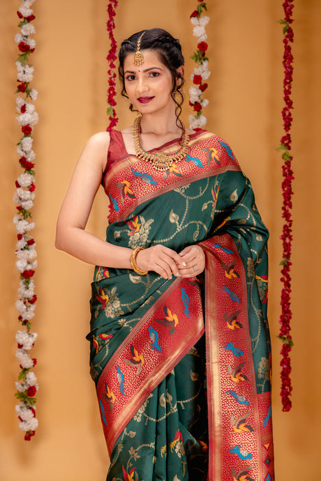 Mimosa Women's Woven Design Kanjivaram Style Art Silk Saree With Blouse Piece : SA00001605GRNFREE