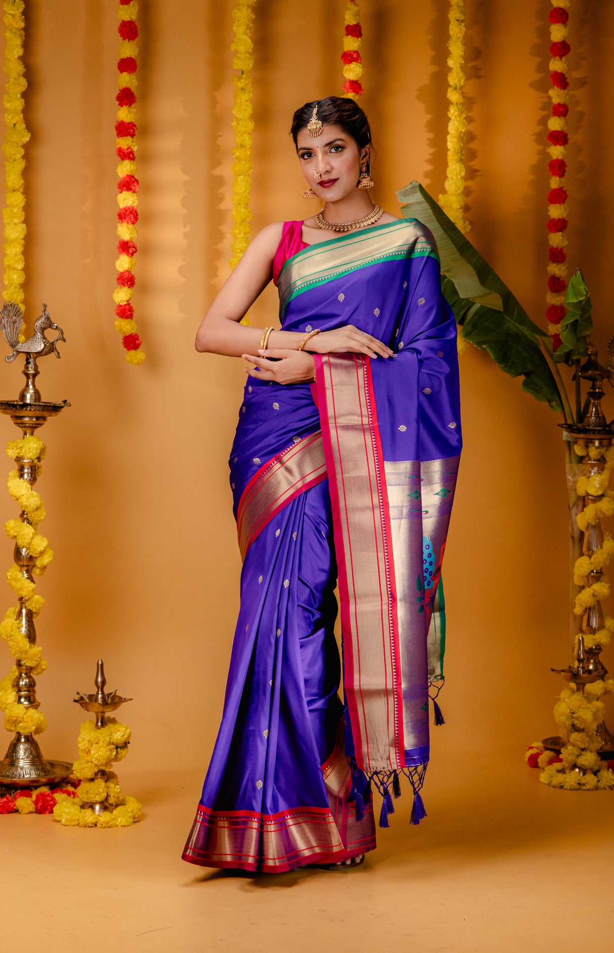 Mimosa Women's Woven Design Paithani Style Art Silk Saree With Blouse Piece : SA00001696BLUFREE