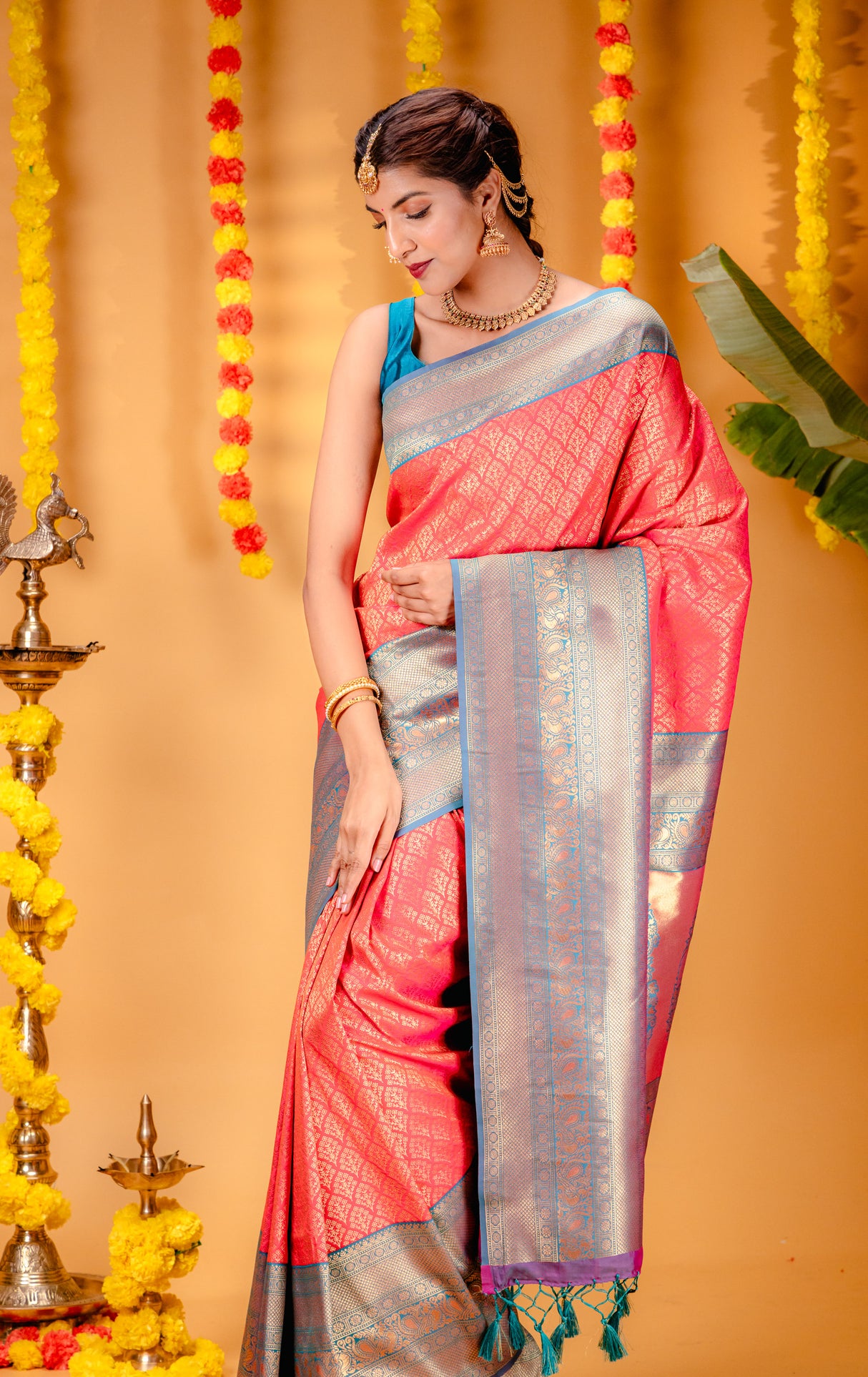 Mimosa Women's Woven Design Kanjivaram Style Art Silk Saree With Blouse Piece : SA00001609PCFREE