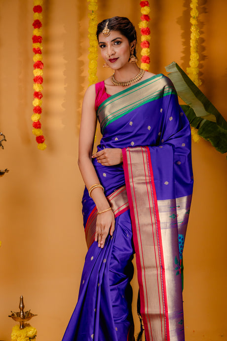 Mimosa Women's Woven Design Paithani Style Art Silk Saree With Blouse Piece : SA00001696BLUFREE